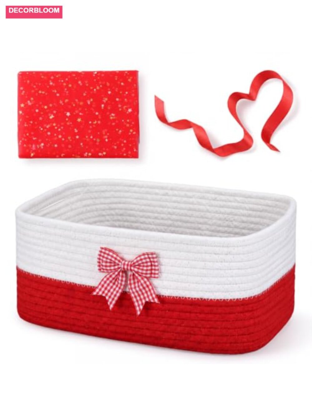 Woven Cotton Gift Basket Set with Plaid Bow, Tulle & Ribbon, 13.6 x 10 x 5.9 in